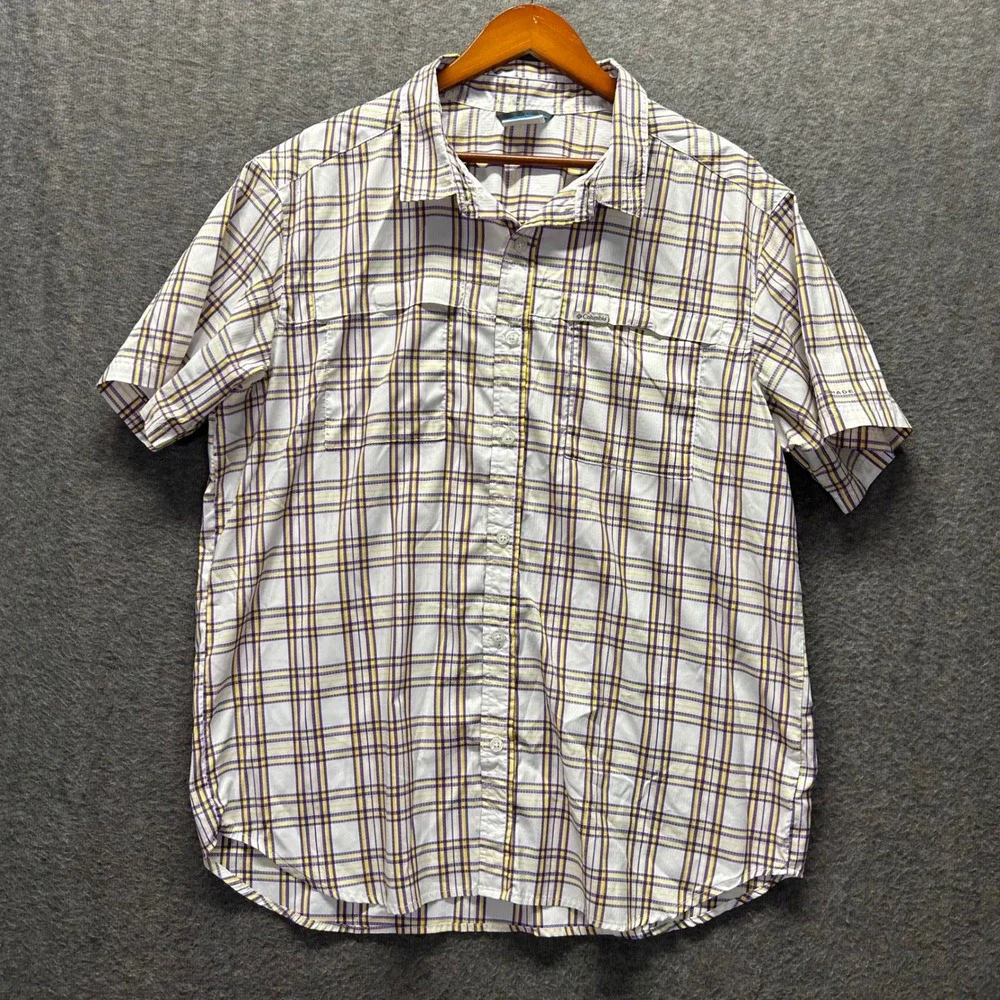 Columbia Mens Omni-Shade‎ Plaid Short Sleeve Button Down Shirt Purple Yellow XL